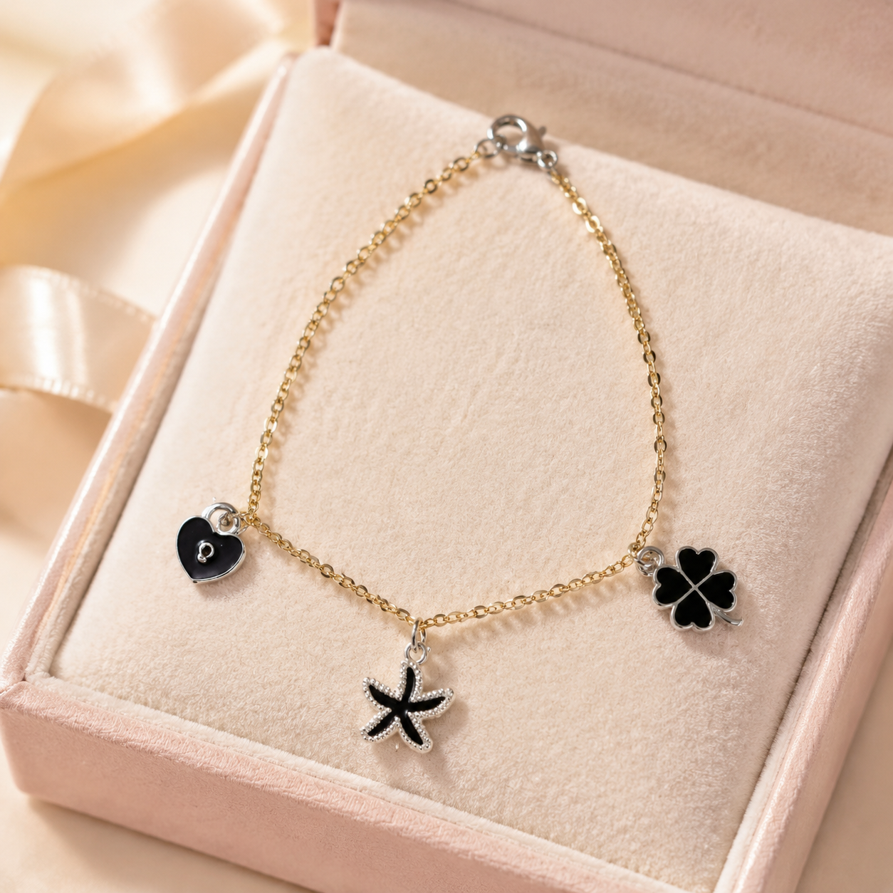 Elegant Gold Charm Bracelet with Black Heart