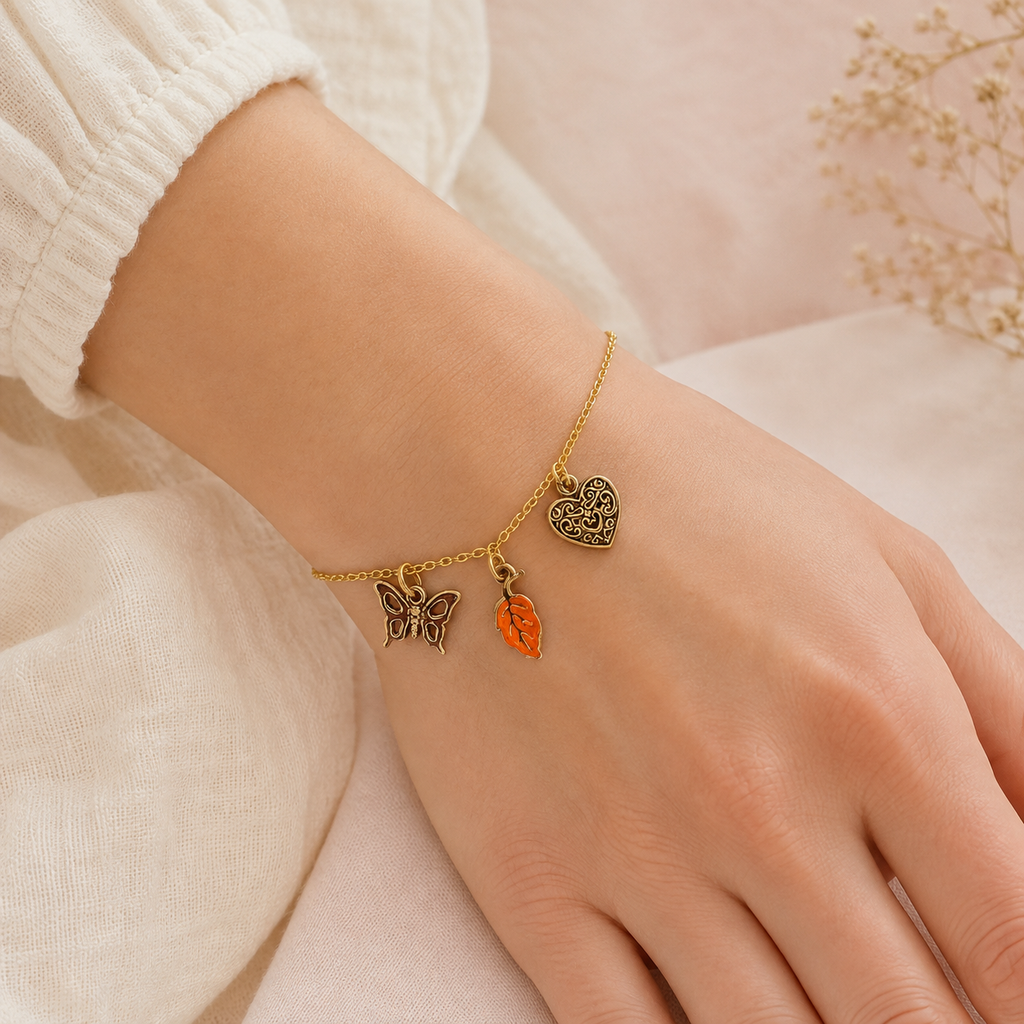 Gold Charm Bracelet with Butterfly, Heart & Orange Leaf