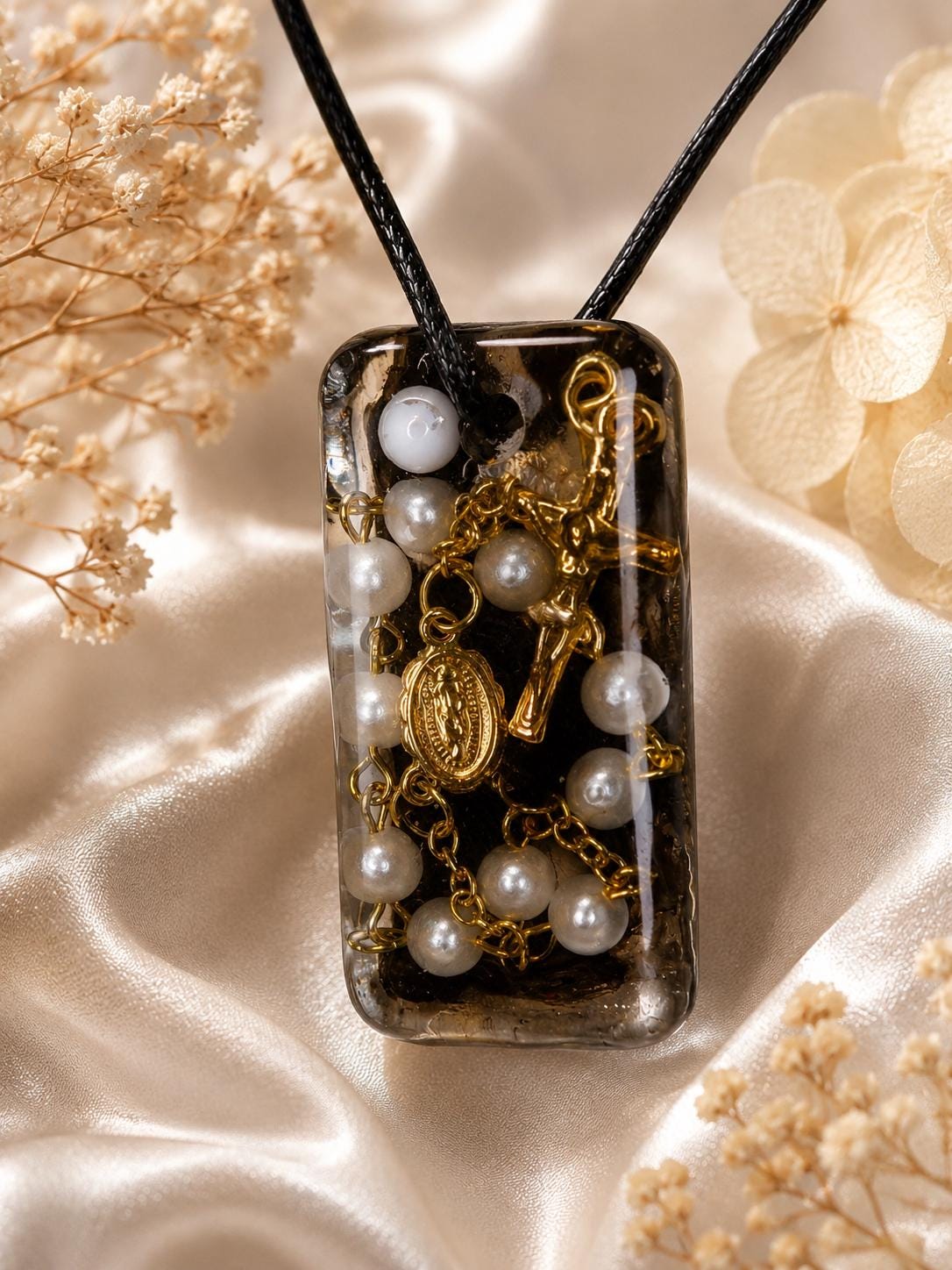 Handmade Resin Rosary Pendant with Pearls – Rustic Religious Medal