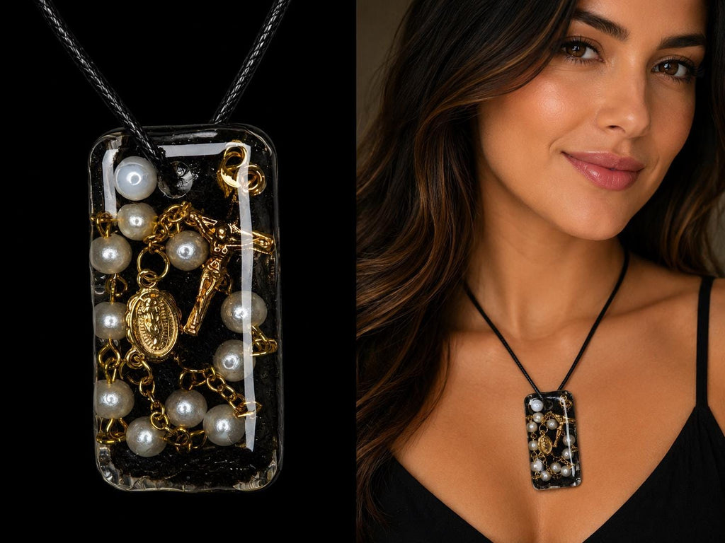 Handmade Resin Rosary Pendant with Pearls – Rustic Religious Medal