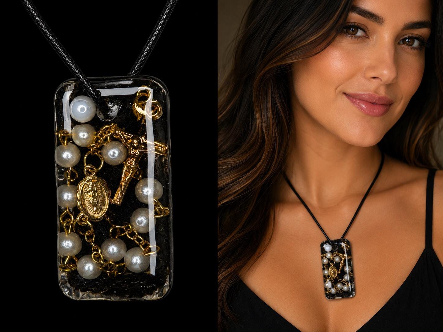 Handmade Resin Rosary Pendant with Pearls – Rustic Religious Medal