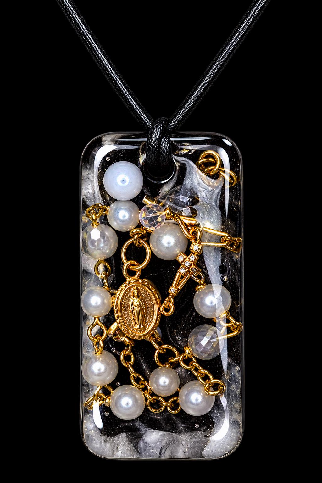 Handmade Resin Rosary Pendant with Pearls – Rustic Religious Medal