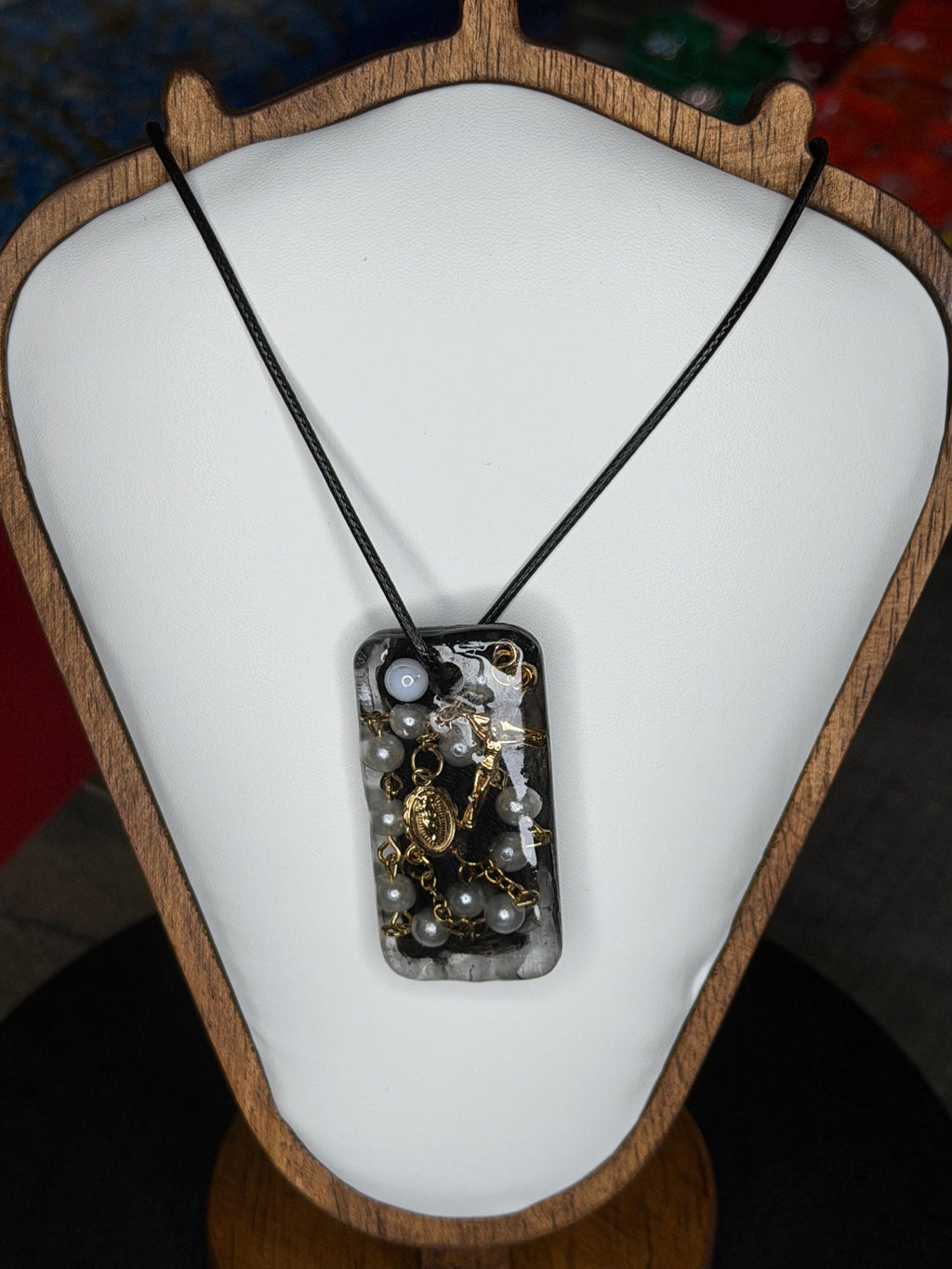 Handmade Resin Rosary Pendant with Pearls – Rustic Religious Medal