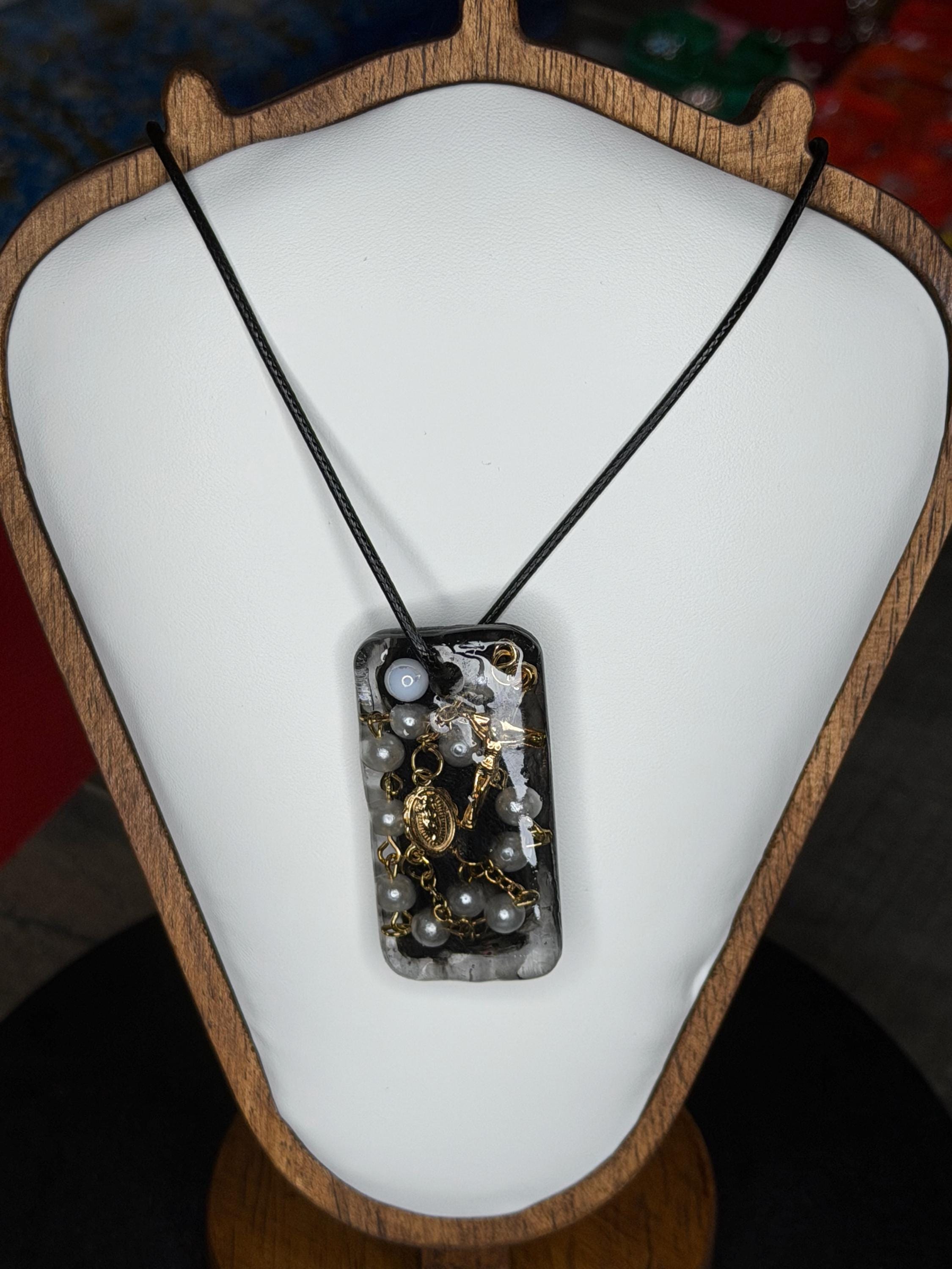 Handmade Resin Rosary Pendant with Pearls – Rustic Religious Medal