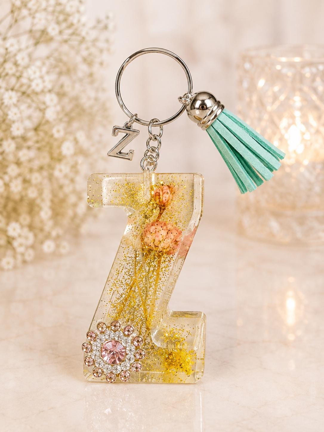 Floral Glitter Initial Bag Charm with Tassel
