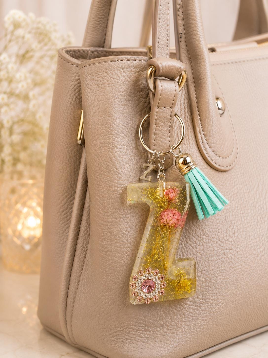 Floral Glitter Initial Bag Charm with Tassel