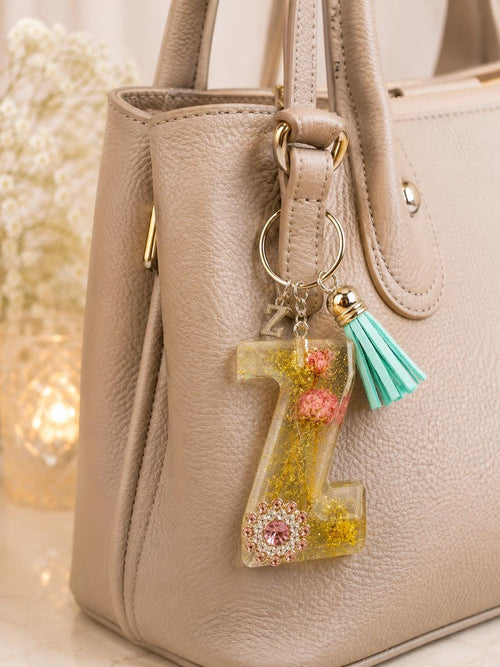 Floral Glitter Initial Bag Charm with Tassel