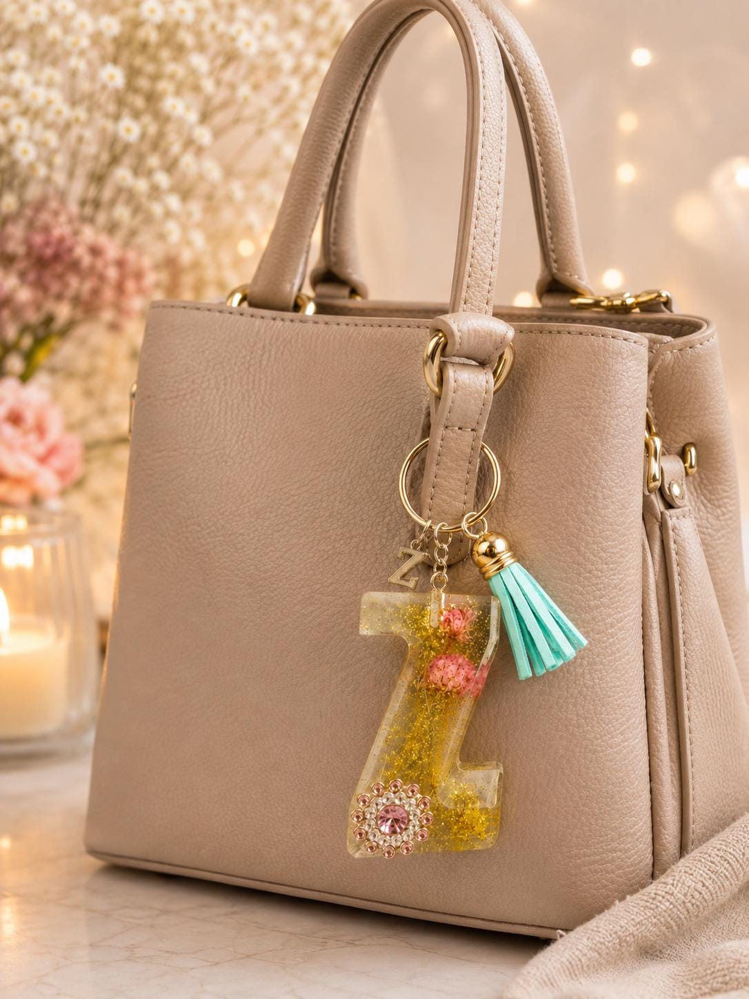 Floral Glitter Initial Bag Charm with Tassel